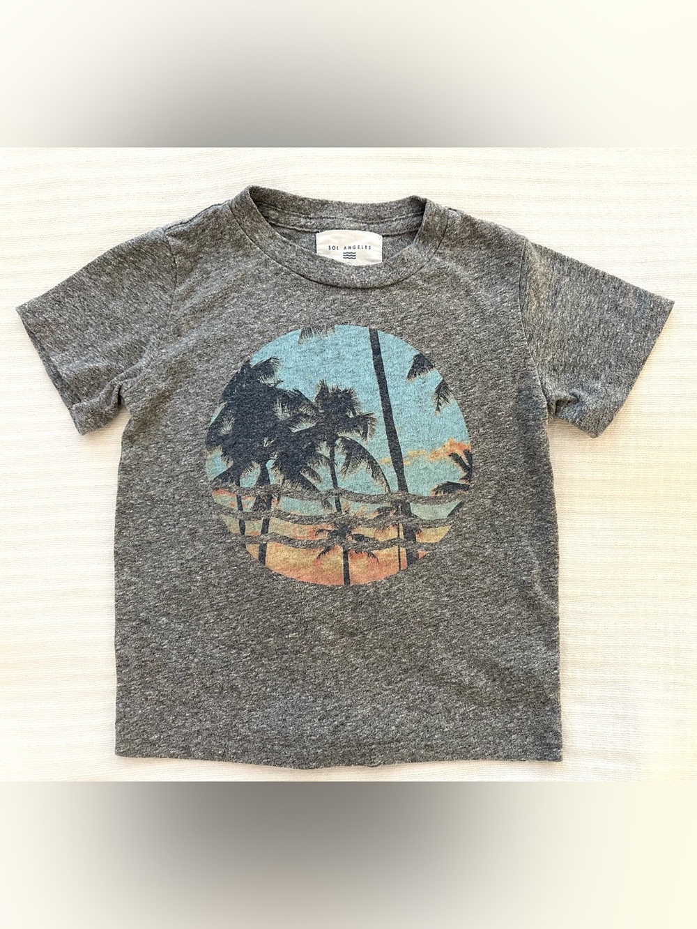 Sol Angeles Grey Tee with Blue and Orange Palm Sunset Graphic